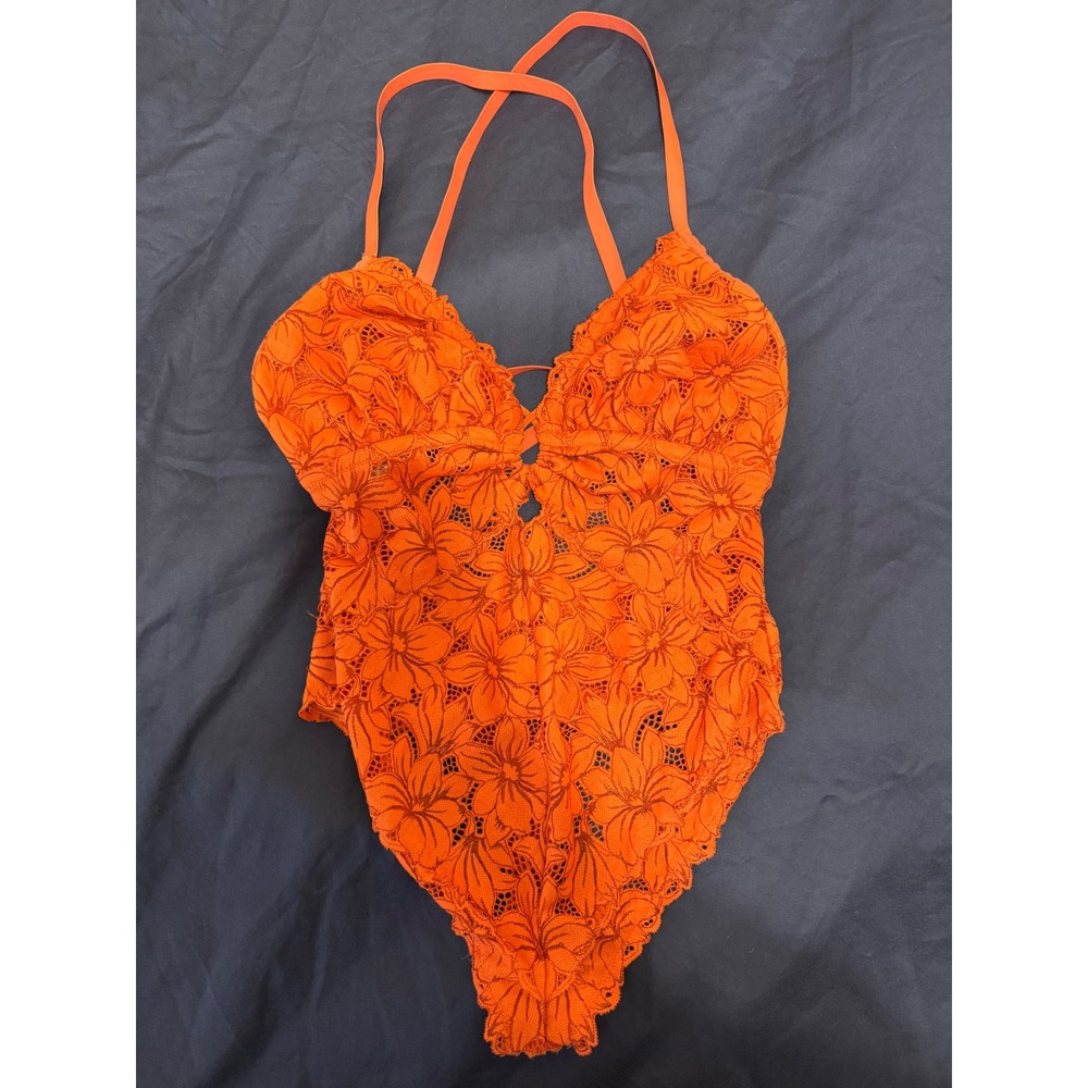 Aerie‎ Real Good Coral Orange Floral Lace Bodysuit Sleeveless V-Neck Thong XL